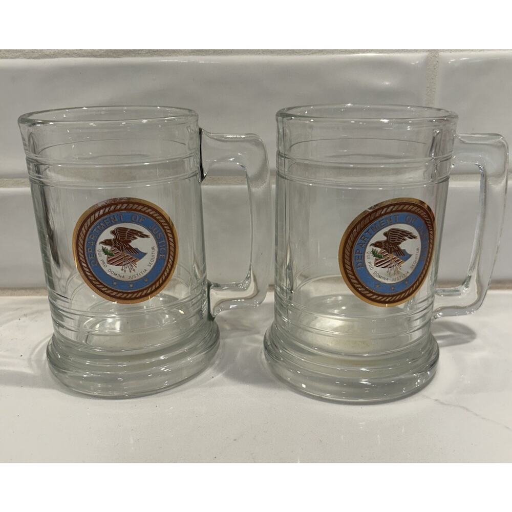Department of Justice Set of 2 Beer Mug Stein Glass 12 oz Gold Blue Logo Emblem‎